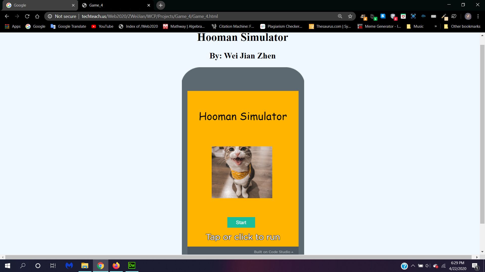Screenshot of Game 4/Hooman Simulator and its website.